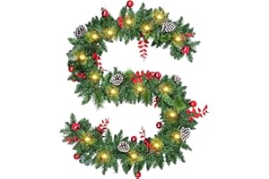 NAMOUK Guirnalda Navidad 2.7M / 9FT, Guirnalda Navidad con Luces y 220 Puntas de Ramas, con 30 LED Luces y Temporizador, Grinalda Natal para Escaleras,Chimenea,Puerta, Decoración Navidads Exterior/Interior