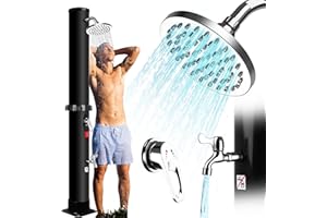 QDRECLOD Douche Solaire 40 Litres, Eau Chaude Jusqu'à 60 °C, Température de L'eau Réglable, Douche de Jardin avec Pommeau de Douche Rotatif et Robinet à Pied, Douche Extérieure Pour Jardin, Piscine, Plage