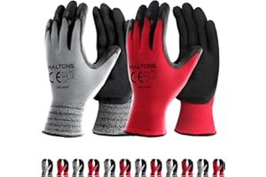 Haltons Latex & Polyester Work Gloves Men (12 Pack - Large), Durable Gardening Gloves for Women, Snug Fit & Non Slip - Ideal for DIY, Builder & Mechanic Work (Red/Grey)