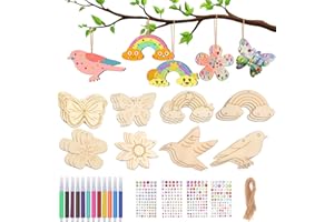 Deepton 64 Stück Bastelsets für Kinder, Basteln Kindergeburtstag ab 4 5 6 7 8 9 Jahre, Schmetterling Blume Vogel Regenbogen Holzanhänger zum Bemalen DIY Kindergeburtstag Basteln für Jungen Mädchen