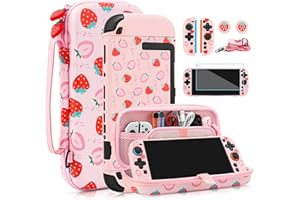 FANPL Cute Carrying Case for Nintendo Switch 2, Protective Cover Accessories Bundle with Travel Skin, Hard Shell, Adjustable Shoulder Strap, Thumb Grips, Screen Protector (Pink Strawberry)