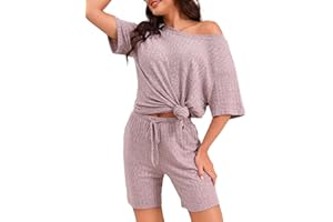 Marvmys Lounge Wear Sets for Women UK Outfit Loungewear Sets Ribbed Oversized Short Sleeve Tops and Scrunch Shorts Casual Ladies Lounge Wear Sets Soft Sleepwear