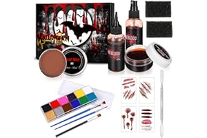 LIGTMOR Maquillage halloween pour visage, 12 pièces Faux Sang Maquillage Set Avec Peinture Visage,Faux Sang,Cire de cicatrice,éponges,Autocollant Cicatrice,Outil Spatule