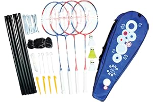 Sure Shot London 4 Player Set6, Set Badminton con 4 Racchette 3 navette tra Cui Rete Portatile e palo e Borsa per Il Trasporto Unisex-Adulto, Rosso/Bianco/Blu, 26.35cm