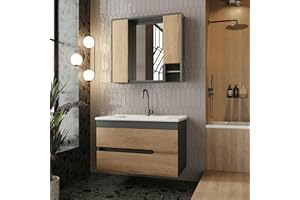 KAREN BANYO Badezimmermöbel Set Marmara 85 Anthrazit| Keramikwaschbecken | Unterschrank | Spiegelschrank | Handtuchstange|Softclose-Schubladen & -Türen, Griffmulden | Natürlicher Stil | Badmöbel Waschtisch