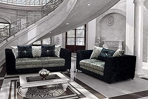 HHI Black/Silver Mixed Crushed Velvet Sofa sets - bedroom furniture suite- 3 2 seater sofa for living room - Delivery to UK main land (3+2 Seater)