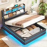 AOGLLATI Double Bed 140x190 cm with Hydraulic Storage, Linen | Bed Frame with 270&deg; LED Lights, Bed Frame with Charging Statio