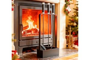 Juego de herramientas para chimenea Kingson con mangos híbridos de hierro y acero inoxidable – 3 herramientas – 53 cm – Soporte recubierto en polvo negro