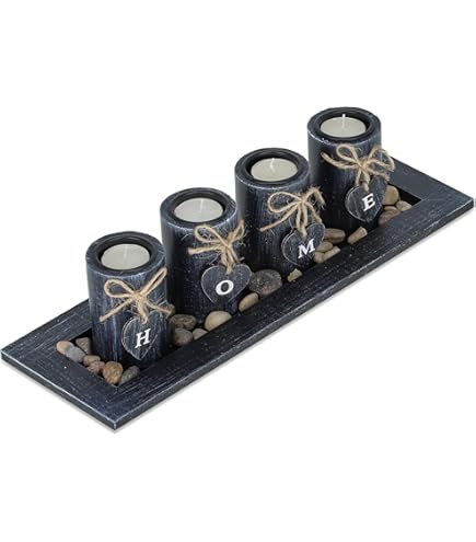 Portacandele Decorativo Con Vassoio E Pietre - 50 Cm, Stile Shabby Chic, Grigio E Bianco - Foto 3