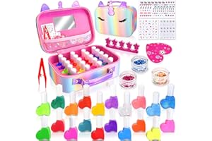 MarckersHome - Juego de 30 esmaltes de uñas para niños, esmaltes de uñas y accesorios en una maleta de unicornio, 20 quitar el esmalte de uñas, regalo unicornio para niñas 4 5 6 7 8 9 10
