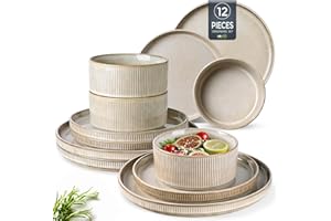 GBhome Stoneware Dinner Sets for 4 People, 12 Pieces Reactive Glaze Handcrafted Plates and Bowls Set, Scratch Resistant Dinnerware Set, Dishwasher & Microwave Safe Crockery Set, Cappuccino