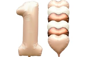 JARTTY Ballon Anniversaire 1 An Ballons Chiffre Numéro 1 Grand Beige Abricot 101 cm Avec 6 Coeur Ballons Gonflable Hélium Happy Birthday Decoration