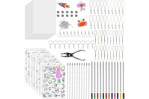 Foydream 213 PCS Feuille Plastique Fou Kit, Incluent A4 Plastique Fou Transparent, Papier Fou avec Motif, Kit Porte Clef a Fabriquer, Perforateur Porte, Crayons pour Garçons et Gilles