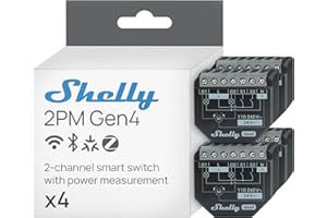 Shelly 2PM Gen4 - Interruttore Relè Intelligente Wi-Fi, 2 Canali, 16A, Monitora il Consumo di Energia, Tapparelle, Nessun Hub Richiesto, Certificato Matter, Alexa, Google, HomeKit, Zigbee (4 Pezzi)