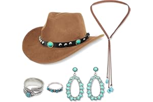 Saier tbo Set Accessoires Chapeau de Cowboy pour Femme, Années 70 Déguisement de Western Cowboy avec Chapeau Collier Boucles d'Oreilles et Bagues Turquoise Bohème pour Adulte Carnaval Cosplay