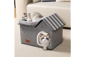 Thihome Cat Beds for Indoor Cats, 2 in 1 Detachable Cat House with Top Zipper & Removable Cushions, Large Cat Cave for Indoor Multiple Small Pets, Large Cats, Grey, 57 x 38.5 x 40cm