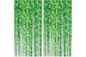 SAVITA 2 Stück Grün Pixel Fransenvorhang, 200cm Lang Folien Fransenvorhang Spielparty Hintergrund Dekorationen Geburtstagszubehör für Kinderzimmer Dekor