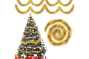 BAISHUWU 10pcs x 2M Espumillón Navidad, Dorado Guirnalda Espumillón de Navidad, Guirnaldas de Navi dad Metálicas, Oropel Arbol Navi-dad Decoración, para Árbol de Navi-dad Pared Ventana Boda Fiesta Festival (A)