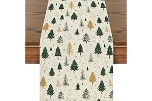 TARKLANDA Christmas Table Runner, Green Gold Pine Tree Linen Runner Seasonal Winter Merry Xmas Kitchen Dining Table Decoration for Home Party Decor 40x140 cm