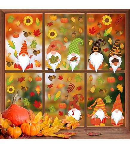 8 Stück Herbst Fensteraufkleber, Selbstklebend, Ahornblätter, Zwerge, Kürbis, 30x20 Cm, PVC