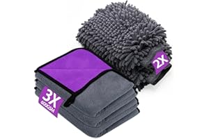 YSWOVUO Juego de 3 Piezas Bayeta Microfibra & 2 Piezas Manoplas de Secado Lavado, 600 g/m² Toalla Secado Coche para Secar Sin Arañazos y Pulir (40 x 30 cm)