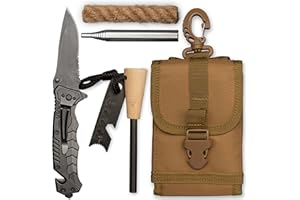 TINALAND Kit de Survie firesteel -kit Allume feu – Pierre à feu de Survie-Sacoche Militaire-Couteau Pliant-Accessoires pour Camping Randonnée Pêche Chasse survivalisme Bushcraft-Allume Feu Corde de Jute