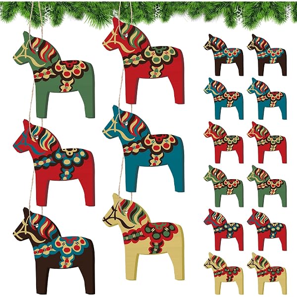 12 Schwedische Dala-Pferd Weihnachtsanhänger Aus Holz – Bunt, Mit Aufhänger, Für Baum & Dekoration