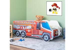 ‎ALCUBE Alcube® Autobett 70x140 cm LKW Feuerwehr mit Lattenrost und Matratze MDF beschichtet - mit Motivfolie beklebtes Spielbett Kinderbett 140x70 cm für kleine Feuerwehrleute - Rot