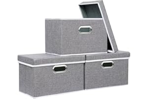 Yawinhe Storage Box with Lids 3 Pack, Collapsible Clothing Shelf Basket, for Organizing Clothes, 32x23x20cm, Grey, SNK023G-3