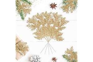 HOPTON 10Pcs Artificial Christmas Leaves Picks,Gold Glitter Needles Branches,Christmas Tree Picks,DIY christmas Glitter Leaves for Xmas Trees,Xmas Wreath Decorations,Festival and Wedding Decorations