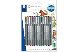 Staedtler Pigment Liner - Penne Gel Colorate ad Asciugatura Rapida, Penne Punta Fine Ideali per Disegno Tecnico e Scrittura, Set Penne Indelebili per Cancelleria Scuola Università e Ufficio, 12 Pezzi