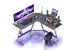 BEXEVUE Gaming Bureau d'angle avec LED Multiprise Intégrée - 128x128cm Table Gamer Informatique Forme L, LED Ruban Support d'écran, Crochet Casque pour Etudier Jouer Travailler Chambre Domicile Salon
