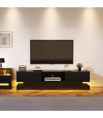 Mobile TV Moderno Con Luci LED Variabili E Antine In Vetro - 180x35x45 Cm, MDF, Nero, Portata 30kg