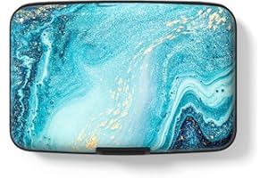 Hsxnam Credit Card Holder Wallet, RFID Blocking Credit Card Case Aluminum Metal Cute Business Card Holder Pocket ID Case for Women Men, Blue Ocean Marble