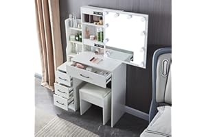 SAIHEMEI Vanity Dressing Table with LED Mirror and Stool, Makeup Desk with 4 Drawers and 7 Storage Shelves, White Makeup Dresser for Bedroom Studio