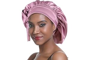 SENGTERM Bonnet de Nuit en Soie Femme aux Cheveux Bonnet en Satin Bonnet de Nuit Large Bande Soyeuse élastique à Double Couche pour Femmes Noires aux Cheveux Longs et bouclés
