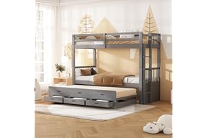 Ctastay Letto a Castello 90x200, Letto Estraibile 90x180 Letto per Bambini, Casa Letto per Ragazze e Ragazzi, Struttura Doghe in Legno con Scala e 3 Cassetti,Grigio, senza Materasso.