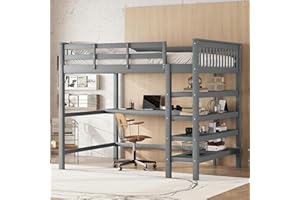 ‎MERAX Merax Kinderbett, Hochbett 140x200cm mit Ablagefächern und einem integrierten Schreibtisch, Hochbett Kinder, aus Hochwertigem Massivem Kiefernholz und MDF gefertigt, inklusive Lattenrost, Grau