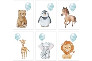 NORTH-WEST Kinderzimmer Poster - A4 6er Tiere Set - Deko für Mädchen und Jungen - Tierposter Mint mit Baby Bär, Pinguin, Pferd, Giraffe, Elefant & Löwe - Babyzimmer Kinderposter