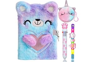 PESLNG Diario segreto per bambina con lucchetto, Orso dei cartoni animati diario in peluche formato con lucchetto, set di diari per bambine con penna multicolore/portamonete/braccialetti