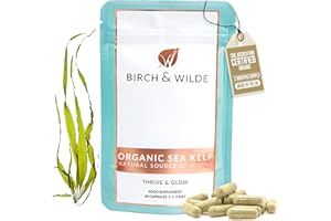 BIRCH & WILDE Sea Kelp 500 mg with Iodine, High Strength Vegan Supplement for Thyroid Support and Skin, Soil Association Organic and Made in UK, 60 Capsules (2 Months Supply)