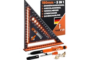 5 i 1 snickarvinkel, 180 mm - inklusive platspenna, multifunktion: Mätare/gradskiva/linjal/vinkeljärn – aluminium, verktyg fö