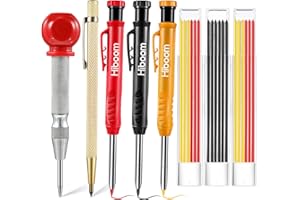 HIBOOM 8er Packung Solide Tischler Bleistifte Set mit Körner, Tieflochmarker Hartmetall Anreißer Werkzeug, Druckbleistift Marker Markierung Werkzeug mit Eingebautem Spitzer, 21 Ersatzminen Rot Gelb Grau