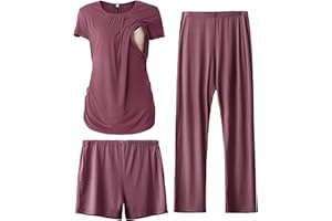 SUNNYBUY Damen Umstandsmode Stillpyjama-Set, Kurzarm-Stillshirts, Schwangerschafts-Shorts und Hosen, 3-teiliges Stillpyjama-Set