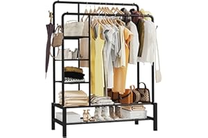 Klass Home Collection Heavy Duty Clothes Rail, 120KG Black Metal Rack With Double Hanging Clothing Rail, Shoe Rack, Storage Shelves & 4 Coat Hooks, Wardrobe Clothes Rails For Bedroom Office Shop