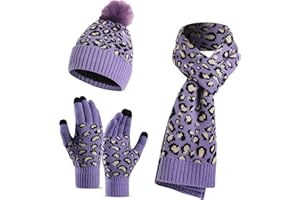 LumiSyne Invernali 3 Pezzo Cappello Sciarpa Guanti Per Donna Berretto Beanie Sciarpa Lunga Guanti Touch Screen Lavorato a Maglia Con Leopardata Pompon Calda Morbido Spessa Fodera In Pile