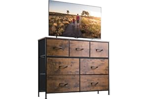 ‎WLIVE WLIVE Kommode mit 7 Schubladen aus Stoff, Kommodenschrank für Schlafzimmer, Kommode Wohnzimmer, mit Stabiler Stahlrahmen, Vintagebraun-Schwarz