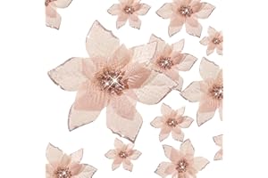 Cindeer 36 Piezas 3 Tamaños Flores de Navidad Artificiales Flores de Pascua con Purpurina Flores de Adornos de Árbol de Navidad Falsas con Clips para Año Nuevo, 10 cm, 15 cm y 22 cm (Oro Rosa)