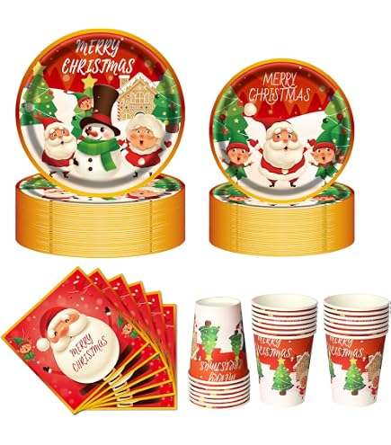 Vesvi 60 Stück Weihnachts Pappteller Weihnachtsbau Schneeann Santa Runde Teller