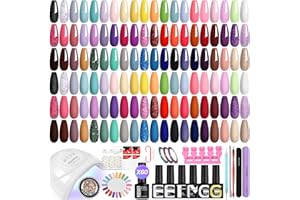 PHOENIXY 60+6 PCS Gel Nail Polish Set with U V Lamp 60 Lake Blue Red Colours Gel Nail Kit with Matte Glitter Golden Base Top Coat, Manicure Starter Soak Off Nail Varnish Sets Gifts for Women Girls